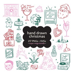 Puede incluir: Ilustraciones navideñas dibujadas a mano en rojo y verde. Incluye una juguetería, Papá Noel, un televisor con "It's a Wonderful Life", un árbol de Navidad, regalos y el texto "hand drawn christmas".