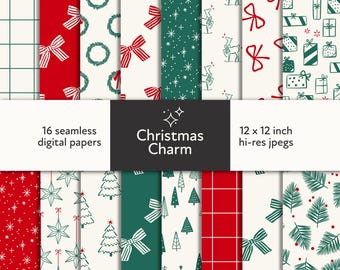 Elegant Classic Christmas Seamless Pattern Bundle: Coquette Bows, Fabric Backgrounds (Digital Download)