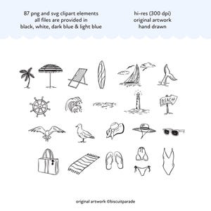 May include: A collection of 87 hand-drawn beach-themed clipart elements in black, white, dark blue, and light blue. Includes a palm tree, beach umbrella, surfboard, sailboat, lighthouse, beach sign, seagulls, hats, sunglasses, and swimwear.