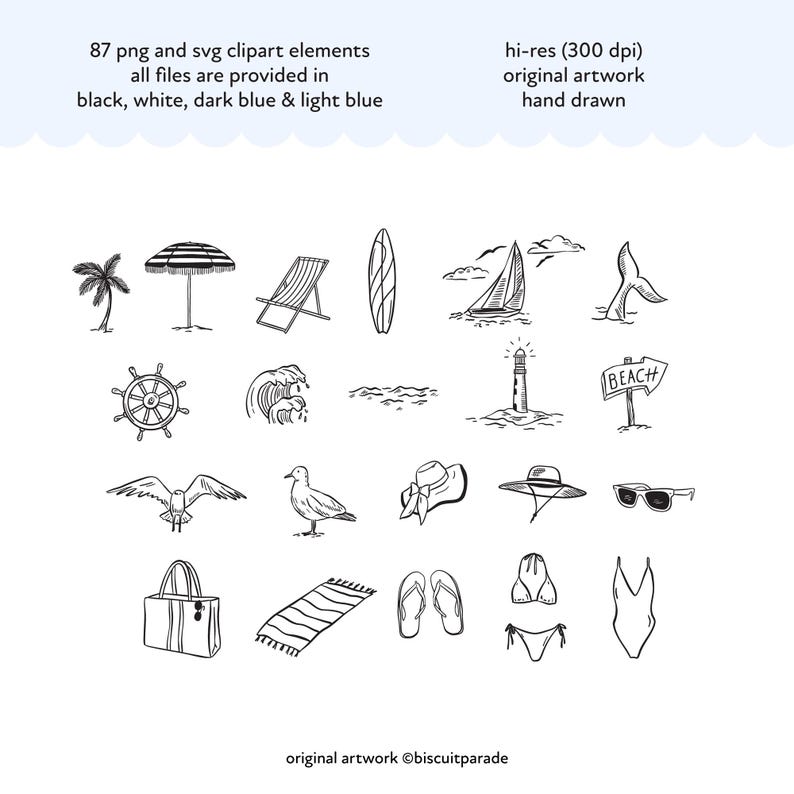 May include: A collection of 87 hand-drawn beach-themed clipart elements in black, white, dark blue, and light blue. Includes a palm tree, beach umbrella, surfboard, sailboat, lighthouse, beach sign, seagulls, hats, sunglasses, and swimwear.