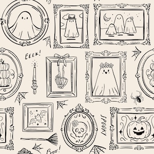 Può includere: Un motivo senza cuciture con illustrazioni di Halloween in bianco e nero. Il design include ritratti di fantasmi incorniciati, zucche, ragni, pipistrelli, una mano di scheletro, una candela e le parole "EEEK!" e "Spooky".