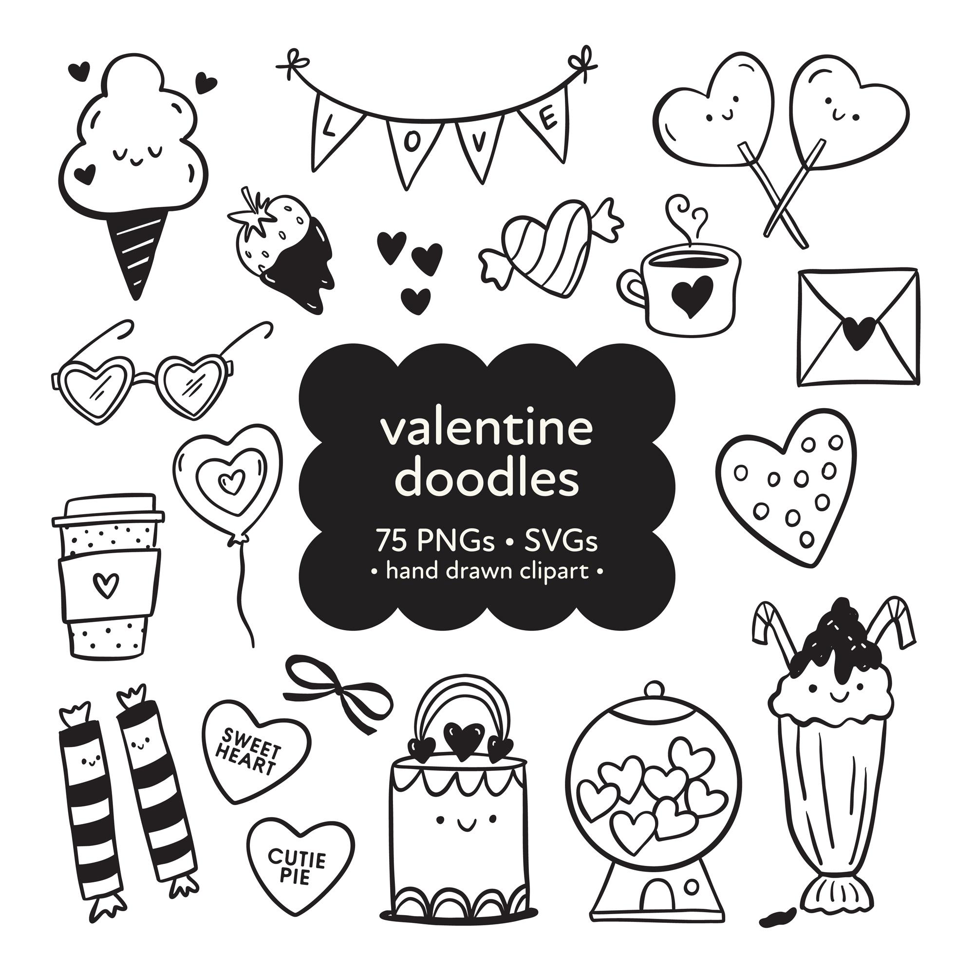 Valentines Day Doodle Clipart Bundle, Cute Valentines Day Line Art, Hand Drawn Love SVG PNG