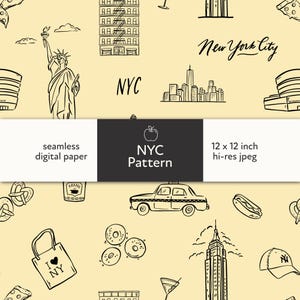 Padrão sem emendas de Nova York, repetição da cidade de Nova York, NYC desenhado à mão, padrão sem emendas da cidade de Nova York, download digital para tecido, papel para impressão