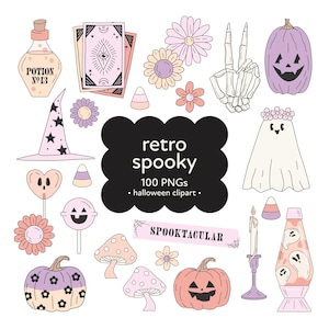 Może przedstawiać: Kolekcja elementów graficznych Halloween w stylu retro. Zawiera kapelusz czarownicy, dynie, kwiaty, szkielet dłoni, ducha, cukierki kukurydziane, butelkę z eliksirem, karty tarota i lampę lawową. Obecny jest również tekst "retro spooky" i "spooktacular".
