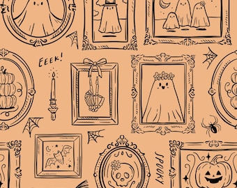 Cute Ghost Frames Seamless Pattern, Cute Kid Halloween, Halloween Trendy Repeat Pattern, Doodle Halloween Seamless