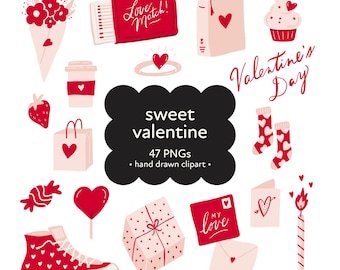 Valentines Day Clipart Bundle, Romantic Clipart PNGs, Hand Drawn Love Illustration pngs