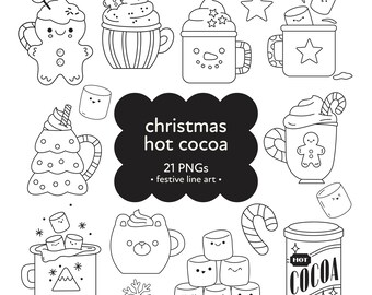 Clipart de chocolate caliente navideño: Arte lineal festivo, sellos digitales (PNG)