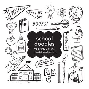 Puede incluir: Una colección de garabatos escolares dibujados a mano en blanco y negro que incluye un globo terráqueo, microscopio, libros, bombilla, tijeras, manzana, pegamento, borrador, lápiz, pincel, edificio escolar y el texto school doodles.