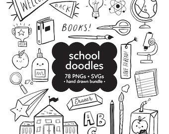 Clipart di scuola disegnata a mano, grafica per insegnanti, PNG per il ritorno a scuola, download digitale per la decorazione dell'aula