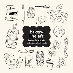 Pacote de clipart de linha de padaria artesanal, arte de linha de padaria PNG, SVG de padaria, SVG de fermento natural, clipart de pão caprichoso, rabiscos de padaria