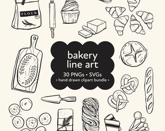 Whimsical Bakery Line Art Bundle: SVG, PNG Clipart for Artisan Bread, Sourdough, Kitchen Doodles
