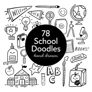 Schule Doodle Clipart, Schulanfang, Lehrer, süße Clipart, Schul-Symbole, handgezeichnete Clipart, Doodle Line Art, Klassenzimmer Clipart, Bildung