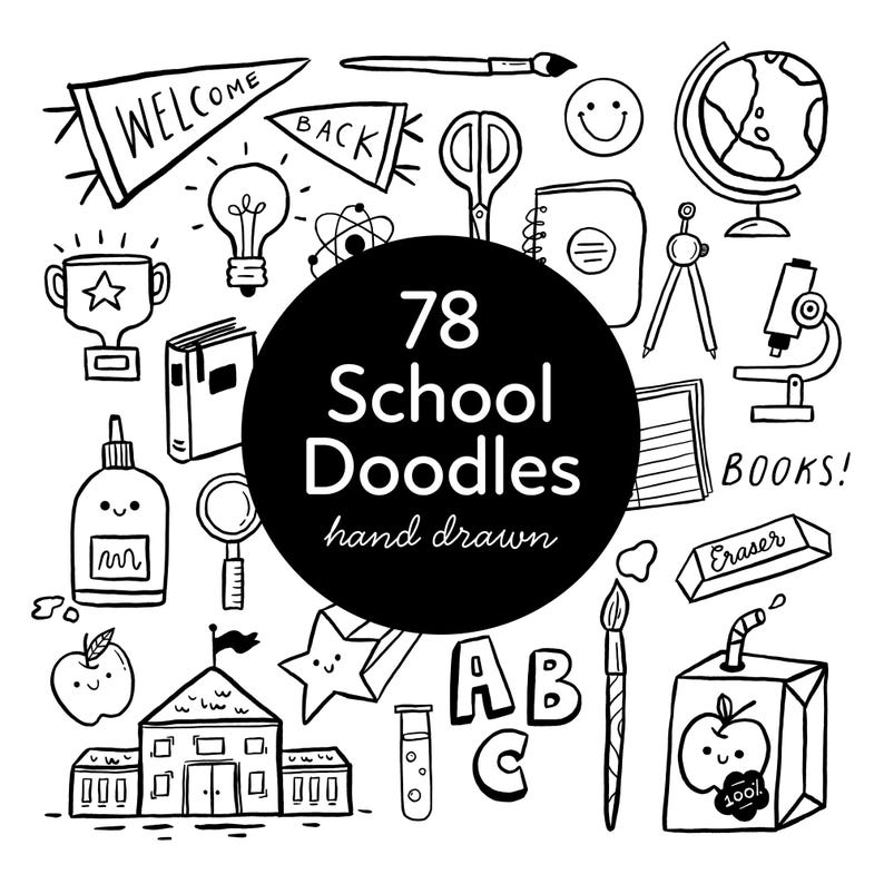 school doodle clipart, hand drawn back to school artwork, teacher, education, classroom, icons, cute clipart, line drawings, png clipart, School Doodle Clipart: 78 Hand-Drawn Teacher Graphics (PNG).