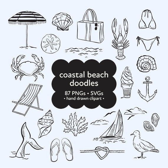 Coastal Clipart: Hand Drawn Beach & Nautical Doodles (PNG, SVG Files)