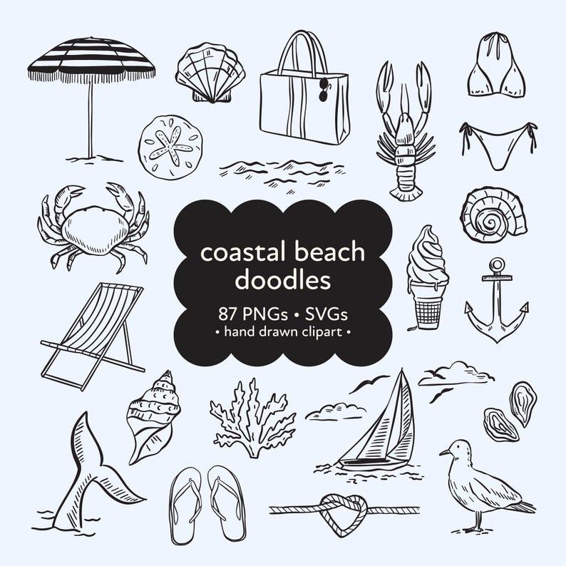 Digital Download  Hand Drawn Clipart  Coastal Clipart  Bachelorette Beach  Fisherman Aesthetic  Sublimation Design  Svg Png Bundle  Coastal Wedding Svg  Cowgirl Coastal Png  Summer Png Bundle  Sardines Coastal Png  Instant Download  Wedding Invitation. hand drawn icons coastal