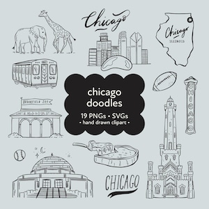 Chicago Doodle Clipart, bundle png svg Doodle, art de la ligne d'horizon, téléchargement numérique PNG, Illustration de la ville, Cricut Design, scrapbooking, design de voyage