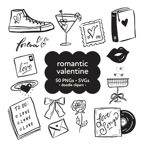Paquete de imágenes prediseñadas de San Valentín dulce, SVG PNG de amor dibujado a mano, descarga digital efímera