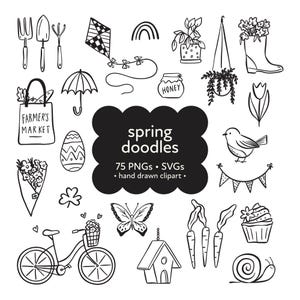 Wiosenny Doodle Clipart, Fantazyjny Spring SVG Bundle, Wiosenny PNG Line Art
