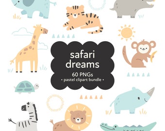 Pastel Safari Animals Clipart, Jungle Clip art Bundle, Cute Baby Safari png, Safari Animals Pastel Clipart, Wild One Birthday PNG Graphics
