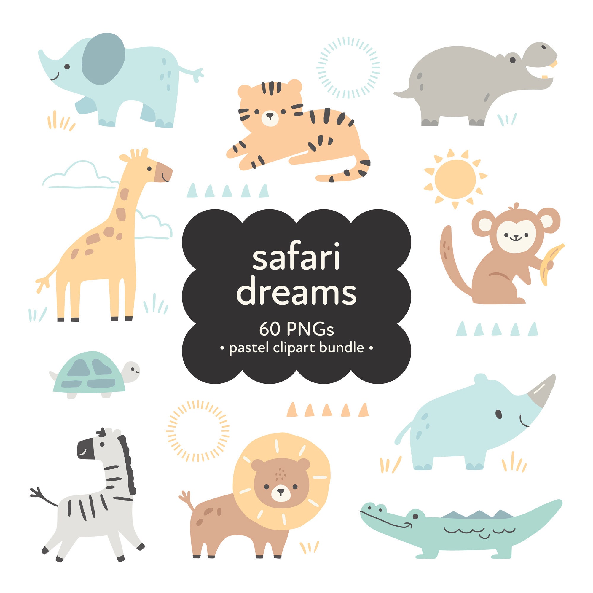 Pastel Safari Animals Clipart, Jungle Clip art Bundle, Cute Baby Safari png, Safari Animals Pastel Clipart, Wild One Birthday PNG Graphics