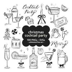 Clipart di una festa di Natale stravagante, Clipart di un cocktail di Natale in formato SVG, Clipart di una festa in formato SVG, Menu di bevande con invito di Natale disegnato a mano in formato PNG in formato SVG