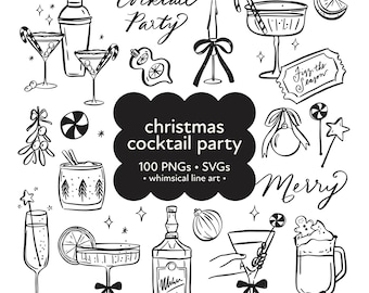 Whimsical Christmas Party Clipart Bundle: Holiday Cocktails, Invitations & Drink Menu SVG PNG Icons