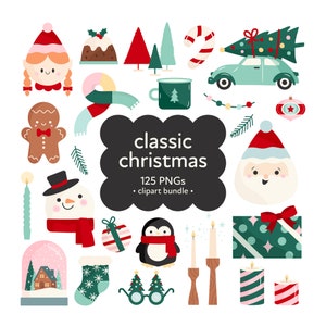 Bundle de cliparts PNG Noël classique mignon, clipart vacances, père Noël, canne en bonbon, bonhomme de neige, Mme Noël, clipart famille Noël, Noël PNG