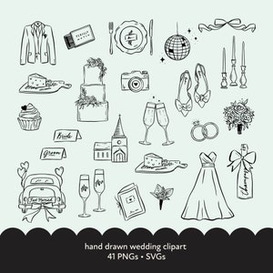Ícones de casamento Vector, Clipart desenhado à mão para convites, Ilustrações SVG PNG, Gráficos para download digital