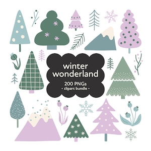Pacchetto Clipart PNG dell'albero del Paese delle meraviglie invernali, Clipart dell'albero invernale, Clipart di Natale disegnato a mano, Clipart di Natale del bosco, PNG dell'albero di Natale