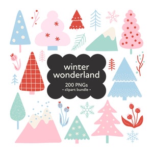 Pacchetto Clipart PNG dell'albero del Paese delle meraviglie invernali, Clipart dell'albero invernale, Clipart di Natale disegnato a mano, Clipart di Natale del bosco, PNG dell'albero di Natale