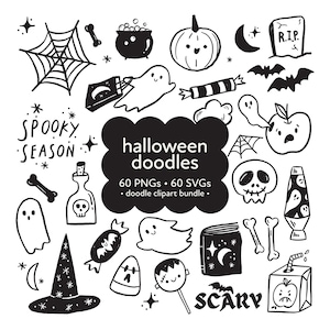 Halloween Doodle Clipart, Whimsical Ghosts & Pumpkins, Digital Art for Crafts, Cute Halloween Clipart Bundle, Spooky Cute Clipart