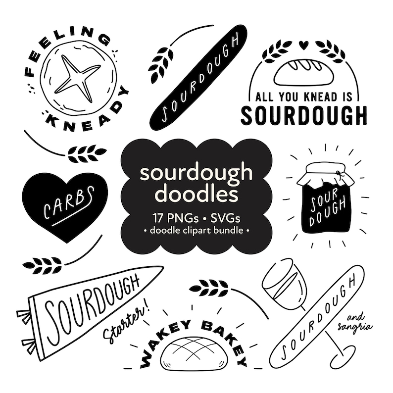 Sourdough baking png bundle, sourdough svg funny clipart hand drawn doodle