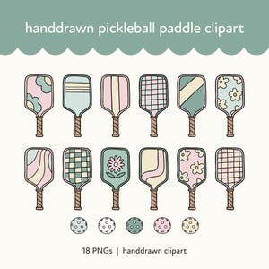 Peut inclure: Ensemble de cliparts de raquettes de pickleball dessinées à la main, aux couleurs pastel variées et motifs floraux, rayés et à carreaux. Les raquettes ont des manches marron et sont accompagnées de balles de pickleball. Le texte dit "handdrawn pickleball paddle clipart".