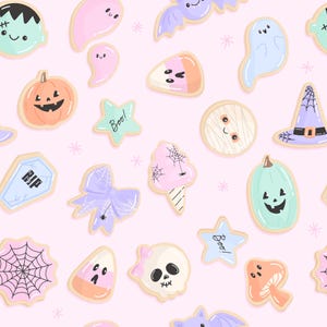 May include: A repeating pattern of Halloween-themed biscuits on a pale pink background. The biscuits include ghosts, pumpkins, bats, and stars with the word "Boo!" written on them. Other biscuits are shaped like a mummy, a witch's hat, and a skull.