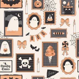 Può includere: Motivo ripetuto con illustrazioni di Halloween incorniciate. L'opera include fantasmi, zucche, pipistrelli, ragnatele e i testi "Spooky Times" e "Boo!". La tavolozza dei colori è composta da nero, arancione e crema.