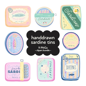 Sardine Tin Clipart, Cute Hand drawn Fish PNG, Vintage Aesthetic Digital Download, Retro Kitchen Decor