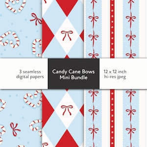 May include: A mini bundle of three seamless digital papers. The patterns include candy canes, red bows, and diamond shapes in red and light blue. The text reads "Candy Cane Bows Mini Bundle" and "12 x 12 inch hi-res jpeg".