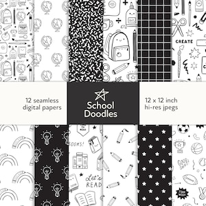Ensemble de motifs sans couture noir et blanc sur papier numérique, fond d'école, motif de répétition sans couture de l'enseignant