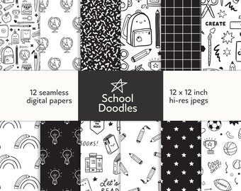 School Doodle Digital Paper: Black and White Seamless Patterns (Digital Download)