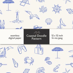 Coastal Seamless Pattern, Digital Download, Nautical Beach Fabric, Ocean Theme, Summer Repeating Design, Whimsical Coastal Doodle