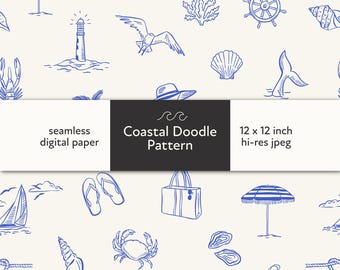 Coastal Doodle Seamless Pattern: Nautical Beach Fabric (Digital Download, 12x12 inches JPEG)