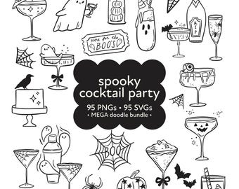 May include: A collection of black and white doodle illustrations featuring Halloween cocktails, ghosts, bats, and pumpkins. Text reads "spooky cocktail party" with "95 PNGs, 95 SVGs, MEGA doodle bundle."