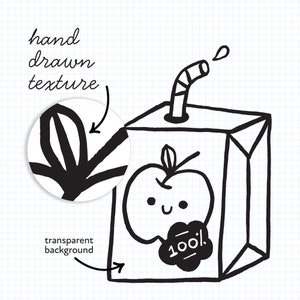 May include: Black and white line drawing of a carton of apple juice with a straw, an apple with a smiling face, and the text "100%".