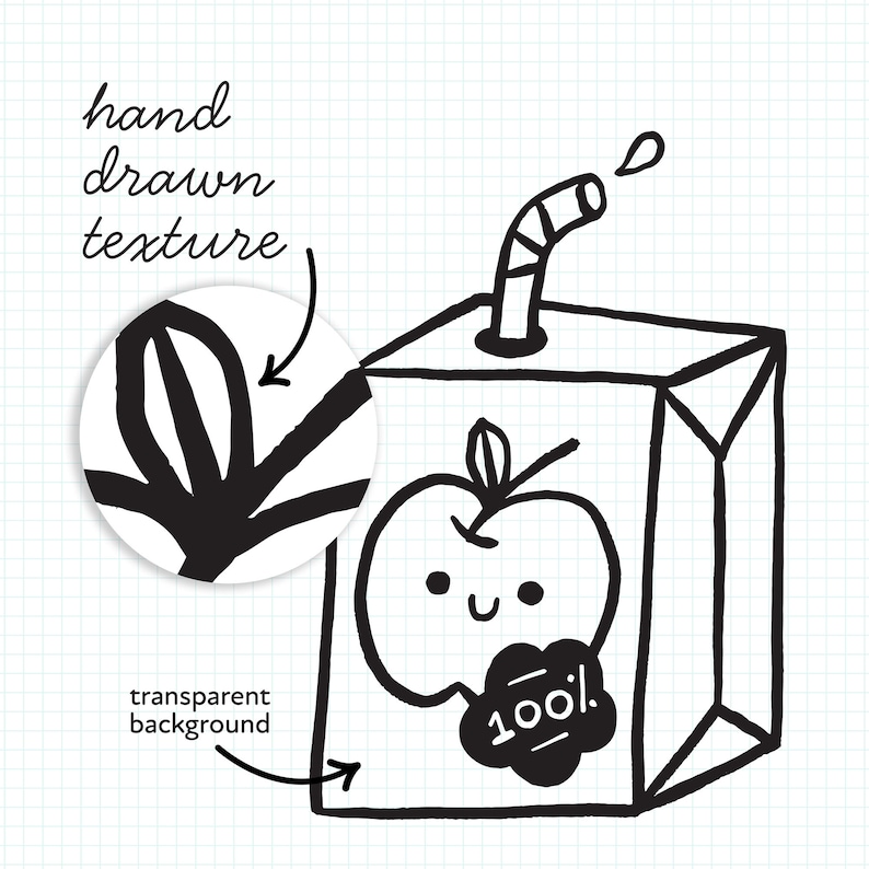May include: Black and white line drawing of a carton of apple juice with a straw, an apple with a smiling face, and the text "100%".