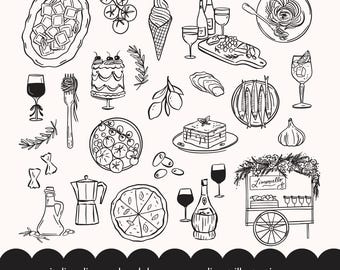 Italian Food Doodle Clipart: SVG and PNG Icons for Wedding Menus (Digital Download)