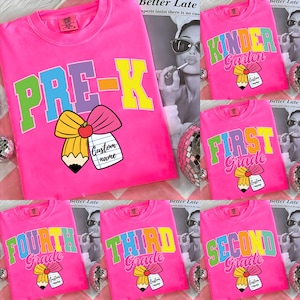Custom Retro Back to School PNG Neon Disstressed Bundle, Coquette Kindergarten Pre-K 1st 2nd 3rd 4th Grade Png, Girly Pink Bow, Hand Drawn