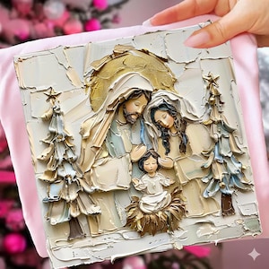 May include: A textured, square painting depicting the Nativity scene. The artwork features the Holy Family with a golden halo, two stylized Christmas trees, and a baby in a manger. The color palette includes beige, gold, and white.