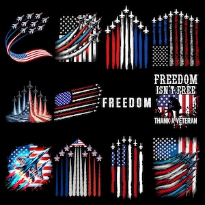 Könnte beinhalten: Eine Sammlung patriotischer Designs mit Kampfflugzeugen und der amerikanischen Flagge. Die Bilder verwenden die Farben Rot, Weiß und Blau, um ein Gefühl von Nationalstolz zu erzeugen. Einige Designs enthalten das Wort "FREEDOM" und den Satz "FREEDOM ISN'T FREE".