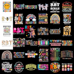 May include: A collection of graphic designs featuring text and illustrations related to Registered Behavior Technicians. The designs include rainbows, flowers, dinosaurs, and various typography styles in colorful palettes on a black background.