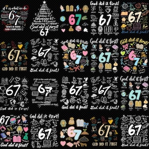 Puede incluir: Una colección de diseños gráficos en blanco y negro con el número "67" y temas religiosos. Los diseños incluyen texto como "¡Dios lo hizo primero!" y versículos bíblicos. Algunos diseños utilizan colores rosa y turquesa.